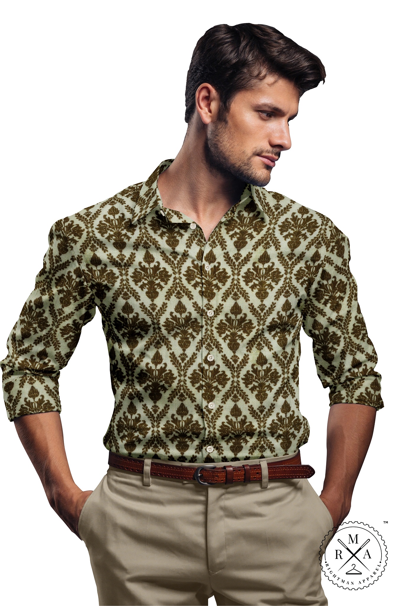 Beige with Brown Leaf Printed Cotton Shirt SH243